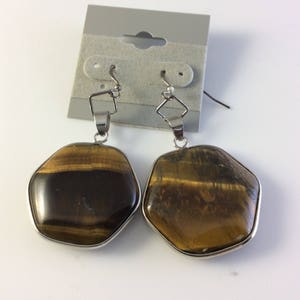 Tiger Eye Sterling Silver Hexagon Earrings  - Large Cabochons Sterling Silver, Vintage, Very Unique hipster fine jewelry, antique, trending