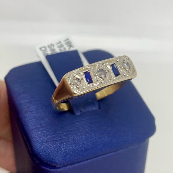 ArtDeco Band Ring, Natural Saphires & Diamond 18k
