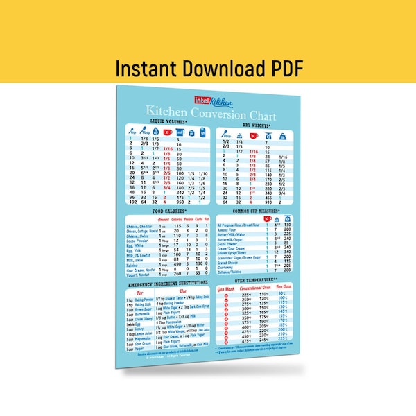 Instant Download Best Design Kitchen Conversion Chart 8"x11" PDF Comprehensive Baking Cooking Measurement Cheat Sheet Printable Guide