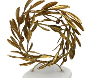 Gold-plated 24Ct dense Olive Wreath round shape in real White Greek Marble Base