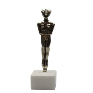 Handmade Bronze Cycladic Figure: Greek Idol on White Marble Base