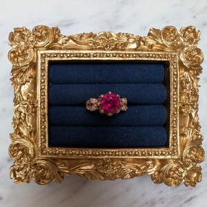 Vintage Gold Vermeil Floral Ring · Simulated Ruby & Diamond Accents · Hidden Secret Stone Inside Band, Size 6
