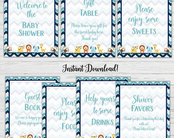 Chevron Baby Animal Baby Shower Signs - 7 Baby Shower Signs - Boy - Instant Download Digital Printable Baby Shower Games Party Activity