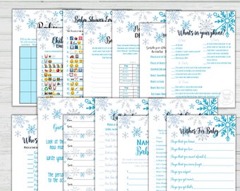 Snowflake Baby Shower Bundle - Everything 17 Game Set - Baby Shower Signs - Winter Baby Shower Games - Headband Station - Instant Download