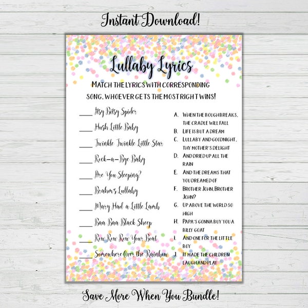 Lullaby Song Matching Game - Rainbow Confetti Baby Shower Games - Girl Baby Shower - Instant Download - Digital Printable - BONUS GAME