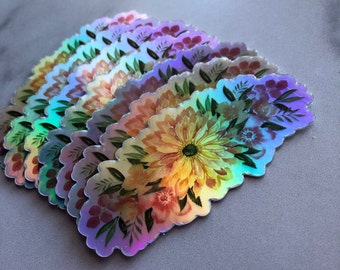 Holographic Dahlia Bouquet Vinyl Sticker Durable Waterproof Vinyl Sticker - Floral Sticker - Flower Sticker - Dahlia Sticker - Dahlia Decal