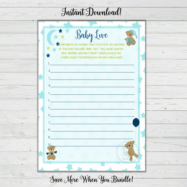 Baby Song Music Blue Bear Baby Shower Boy Games Instant Etsy