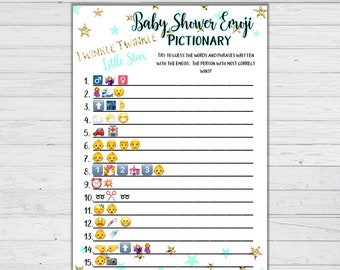 Emoji Pictionary Baby Shower Game - Mint and Gold Stars - Baby Shower Games - Instant Download -Digital Printable BONUS GAME Party Game