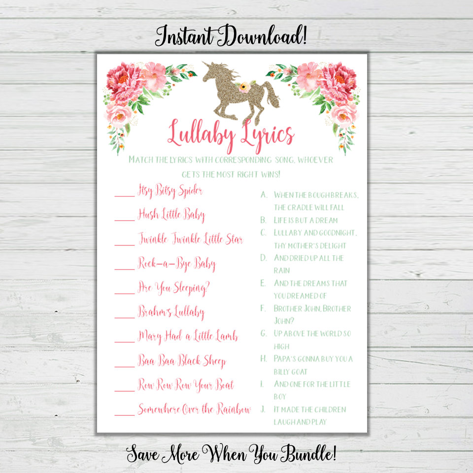Unicorn Baby Shower Games Lullaby Song Matching Game Mint - Etsy