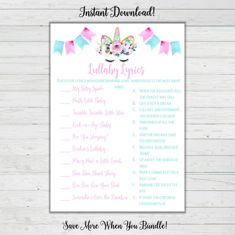 Unicorn Baby Shower Games - Lullaby Song Matching Game - Turquoise Pink ...