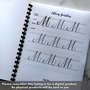 May include: A black and white printable workbook with the text "Lettering Guidelines" and multiple lines for practicing writing the letter "M" in cursive.