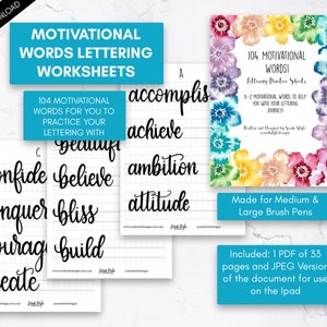 May include: Three printable worksheets for practicing lettering with 104 motivational words. Each worksheet features a grid and a different set of words in a cursive script. The words include "accomplish", "achieve", "ambition", "attitude", "believe", "beautiful", "bliss", "build", "confide", "conquer", "courage", and "create".