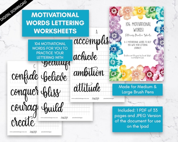 Calligraphy Worksheets for Large Brush Pens 104 A-Z Motivational Words - Calligraphy Worksheets Positive Words - Calligraphy Word Worksheets