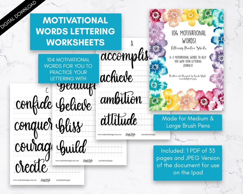May include: Three printable worksheets for practicing lettering with 104 motivational words. Each worksheet features a grid and a different set of words in a cursive script. The words include "accomplish", "achieve", "ambition", "attitude", "believe", "beautiful", "bliss", "build", "confide", "conquer", "courage", and "create".