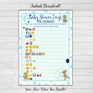 Emoji Pictionary Blauer Bär Baby Shower Junge Spiel Sofort Download Digital druckbarer Druck BONUS SPIEL
