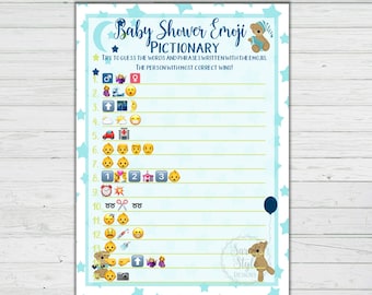 Emoji Pictionary Blue Bear Baby Shower Boy Game Instant Download Digital Printable Print BONUS GAME