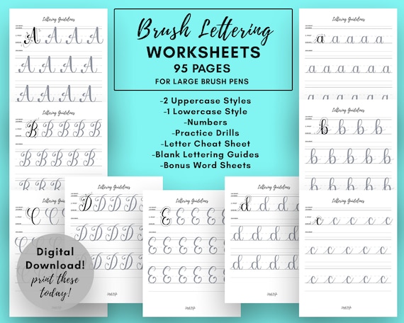 Brush Lettering Worksheets for Large Pens - Calligraphy Worksheets - Lettering Printables  - Modern Calligraphy Guide