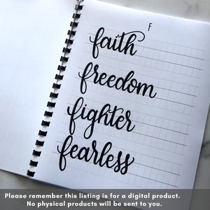 May include: A notebook page with a grid pattern and four words written in cursive: faith, freedom, fighter, and fearless.