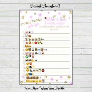 Children&#39;s Book Emoji Pictionary Game- Pink and Gold Baby Shower Games -Girl Baby Shower Instant Download Digital Printable BONUS GAME