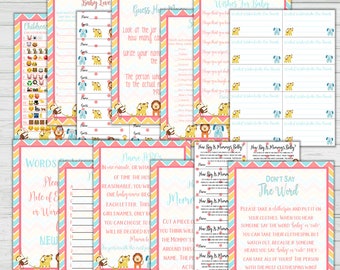 Baby Shower 9 Game Bundle + Answer Keys - Baby Shower Game Set - Chevron Baby Animals - Instant Download Digital Print Theme Digital Set 2
