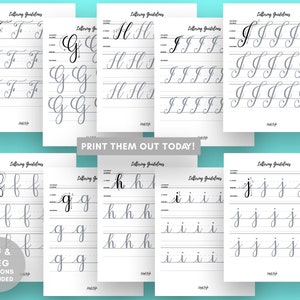 May include: Printable calligraphy practice sheets for the letters F, G, H, I, J, f, g, h, i, and j. Each sheet has multiple lines for practicing the letter in cursive. The sheets are black and white with gray lines.