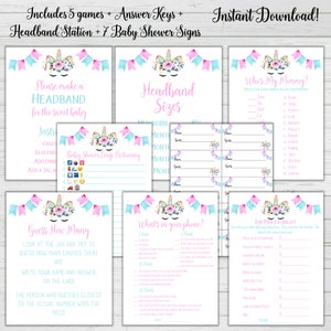 Unicorn Baby Shower 5 Game Bundle + Answer Keys + 7 Baby Shower Signs + Headband Station -Turquoise Pink Instant Download Games Set 3 Girl