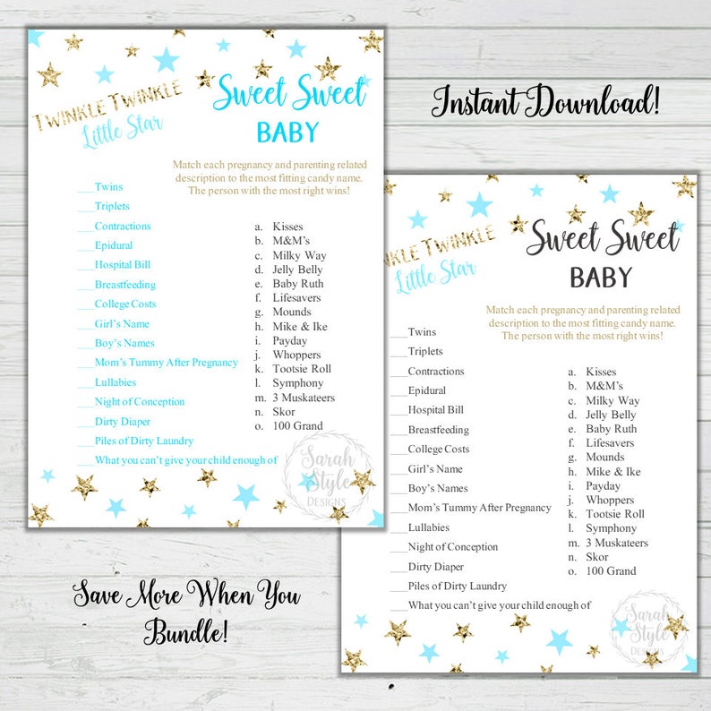 Twinkle Twinkle Little Star Candy Baby Shower Game Answer Key Blue Gold