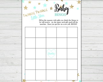 Baby Bingo Baby Shower Game - Mint and Gold Stars - Baby Shower Games - Instant Download -Digital Printable BONUS GAME Party Game Activity