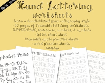 Faux Calligraphy Style Hand Lettering Worksheets | Digital Printable | 30 Sheets