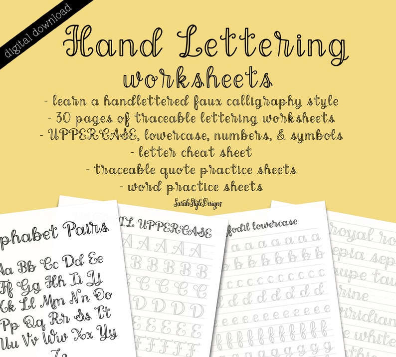 Skill Lettering Caligraphy Faux Calligraphy Style Hand Lettering Worksheets | Digital Printable ...