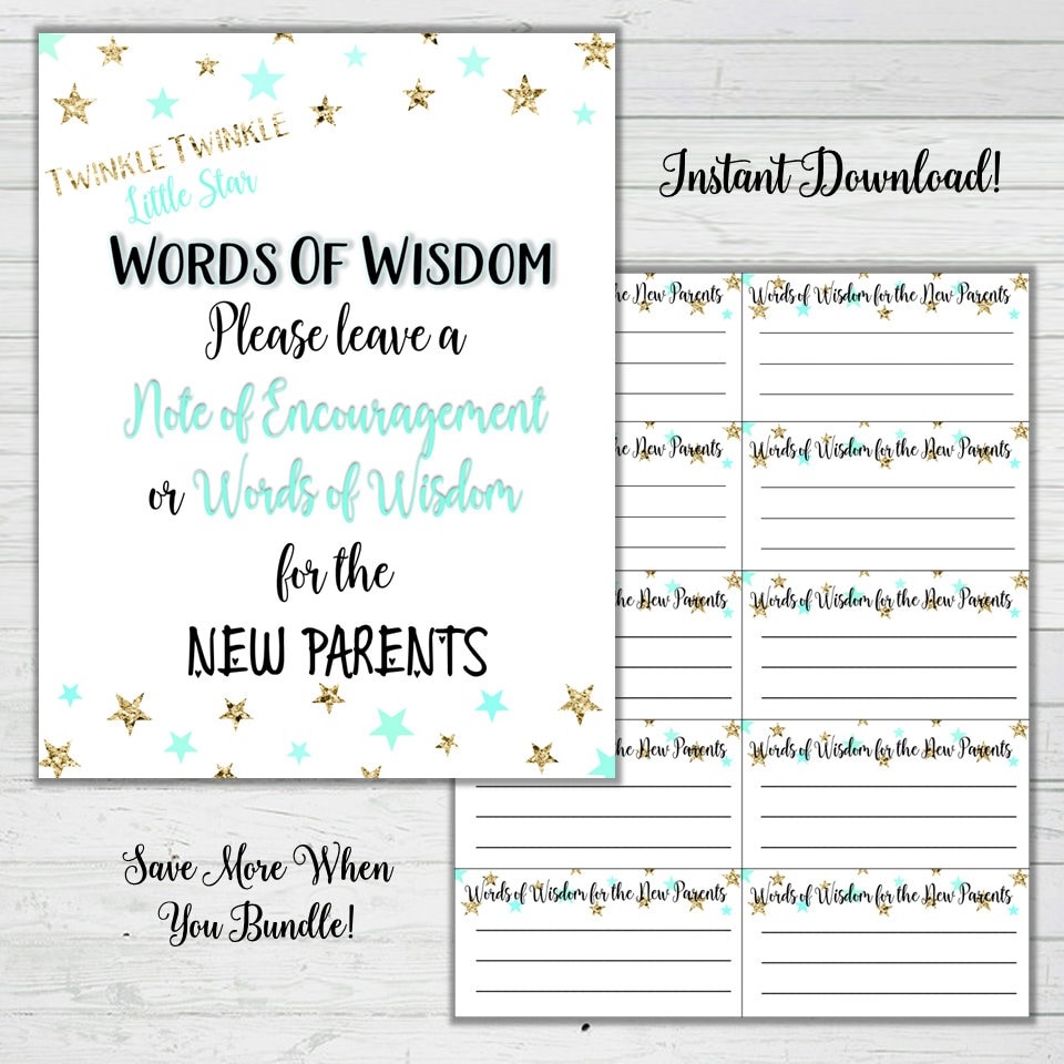 Words of Wisdom Baby Shower Cards Mint and Gold Stars Baby Etsy