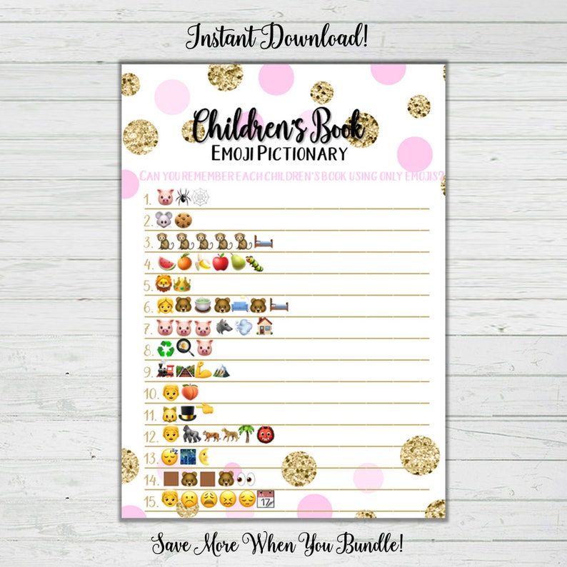 Children's Book Emoji Pictionary Game Pink and Gold Baby Shower Games