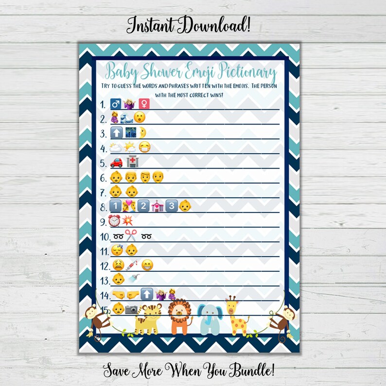 Emoji Pictionary Baby Shower Game Chevron Baby Animals Baby Shower Games Boy Baby Shower Instant Download Digital Printable BONUS GAME image 1