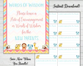 Words of Wisdom Baby Shower Cards - Chevron Baby Animals Baby Shower Games - Gender Neutral - Instant Download -Digital Printable BONUS GAME