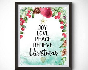 Christmas Printable Wall Art - Christmas Sign Christmas Floral Wreath Decor Christmas Printable Instant Download Print Poster Sign