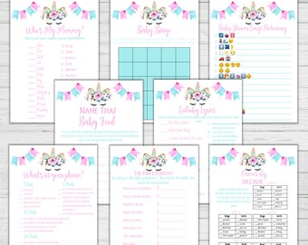 Unicorn Baby Shower Game Set - Baby Shower 8 Game Bundle + Answer Keys - Turquoise Pink Instant Download Digital Print  Digital Set 1 Game
