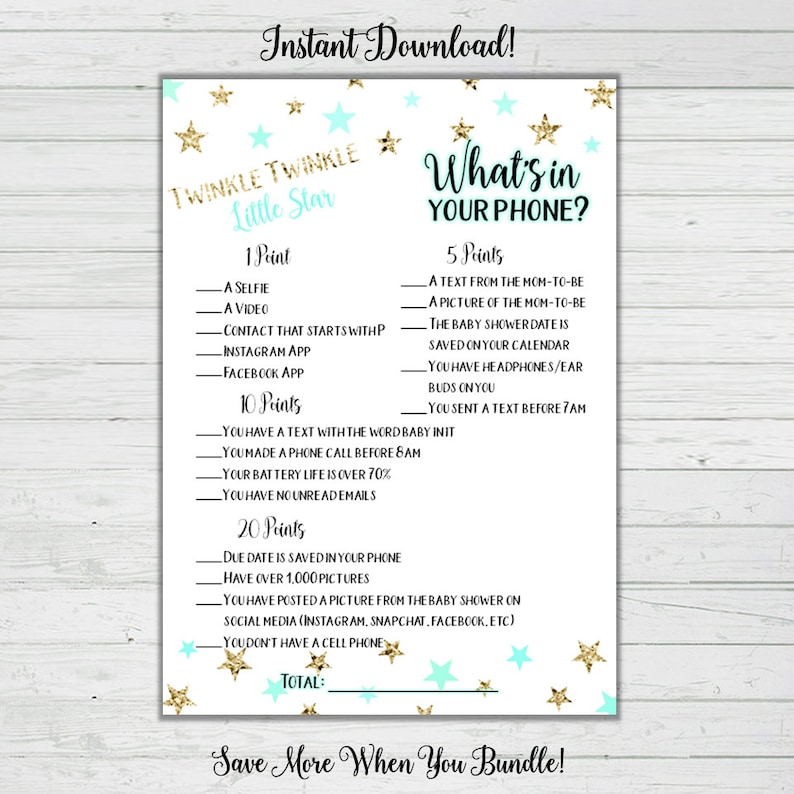 Whats Upon Your Telephone Kid Shower Video game - Mint and Gold Superstars - Little one Shower Video games - Quick Obtain -Electronic Printable Reward Video game Occasion Match photo about What's in Your Phone Baby Shower Game Free Printable named Whats Upon Your Cellphone Boy or girl Shower Sport - Mint and Gold Superstars - Little one Shower Game titles - Prompt Down load -Electronic Printable Reward Activity Celebration Match