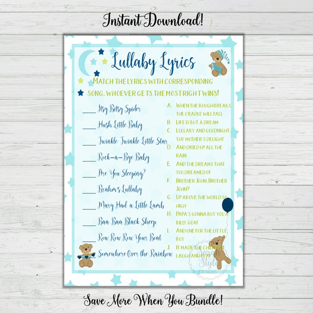 Lullaby Lyrics Boy Baby Shower Game Blue Bear Theme Baby - Etsy India