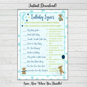Lullaby Lyrics - Boy Baby Shower Game - Blue Bear Theme - Baby Song Games - Party Games - Instant Download - Digital Printable  BONUS GAME