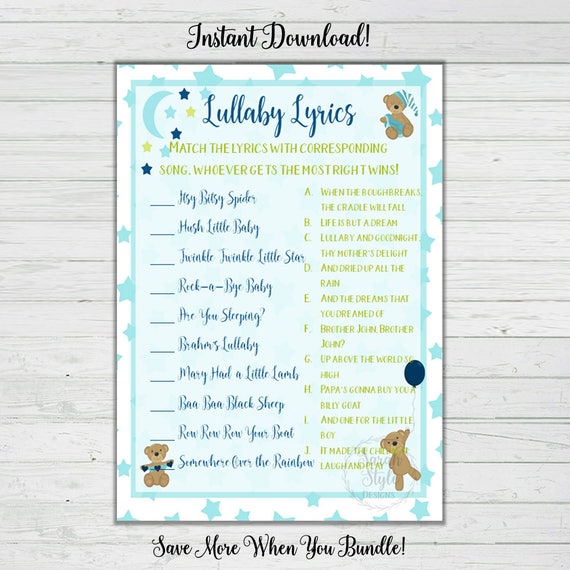 Music Match Printable Baby Shower Game Lyric Song Digital 