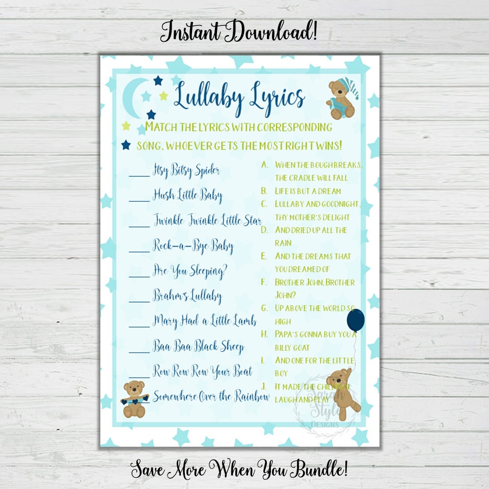Lullaby Lyrics Boy Baby Shower Game Blue Bear Theme Baby Etsy