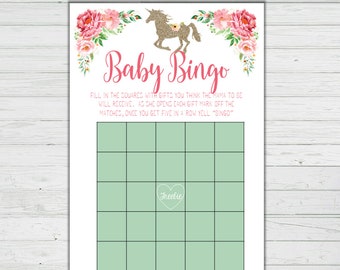 Unicorn Baby Shower Bingo Game - Mint Pink Baby Shower Games -Girl Baby Shower - Instant Download -Digital Printable - BONUS GAME Party Game