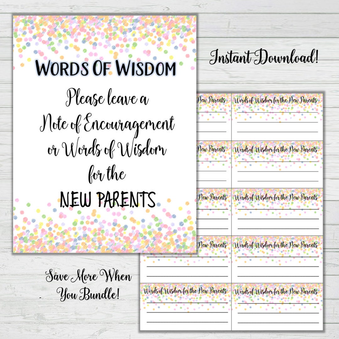 Words of Wisdom Baby Shower Cards Rainbow Confetti Baby Shower Games