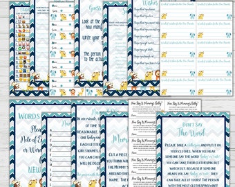 Baby Shower 9 Game Bundle + Answer Keys - Baby Shower Game Set - Chevron Baby Animals - Instant Download Digital Print Theme Digital Set 2