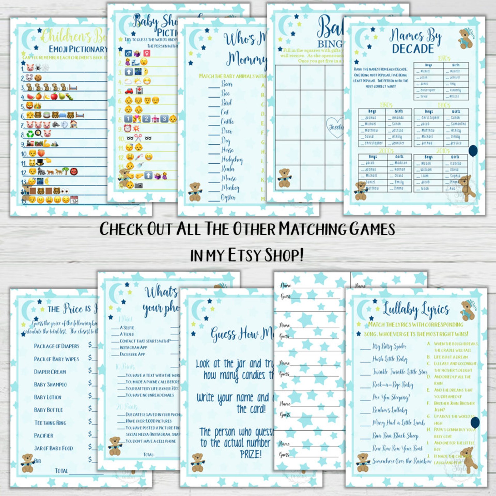 Lullaby Lyrics Boy Baby Shower Game Blue Bear Theme Baby Etsy