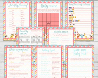 Baby Shower 8 Game Bundle + Answer Keys - Chevron Baby Animals Shower Game Set -Instant Download Digital Print Theme Digital Set 1 Game Pack