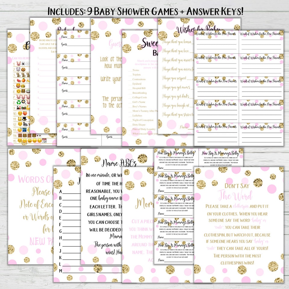 Baby Shower 9 Game Bundle Answer Keys Baby Shower Game Set pink and