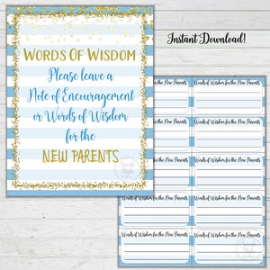 Words of Wisdom Baby Shower Game Blue and Gold Confetti Instant Download Digital Printable Print Boy