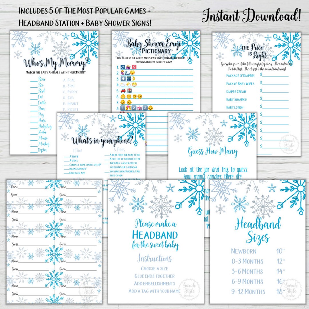 Baby Shower Game Bundle Baby Shower Signs Headband Station Winter Baby