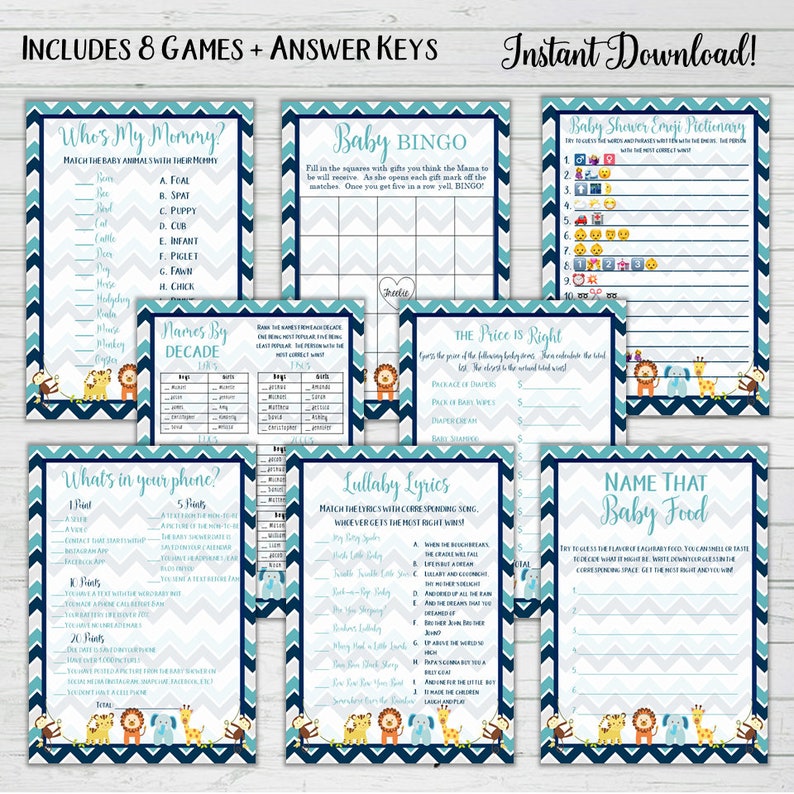 Baby Shower 8 Game Bundle Answer Keys Chevron Baby Animals Etsy Baby Shower 8 Game Bundle Answer Keys Chevron Baby Animals Etsy